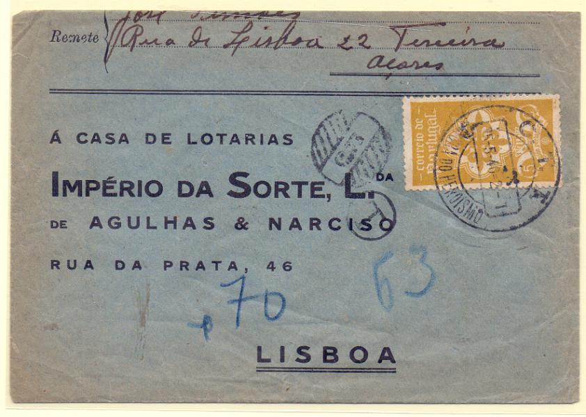 0343 f.jpg -     Lote:    343 (frente)            Portugal       Descrição:         Porteados. 1922/33 &mdash; Emissão regular * Unicolor + Tipo Etiqueta. Sobrescrito circulado de Angra do Heroísmo (25.05.40) para Lisboa (30.05.40) com selo CE583. Insuficientemente franquiada, foi porteada com dobro do porte em falta com selos  de 60c CE POR41 e 0$10 CE POR46,        Carta       Valor Base:     &euro; 12,00     Valor Venda:     Retirado     